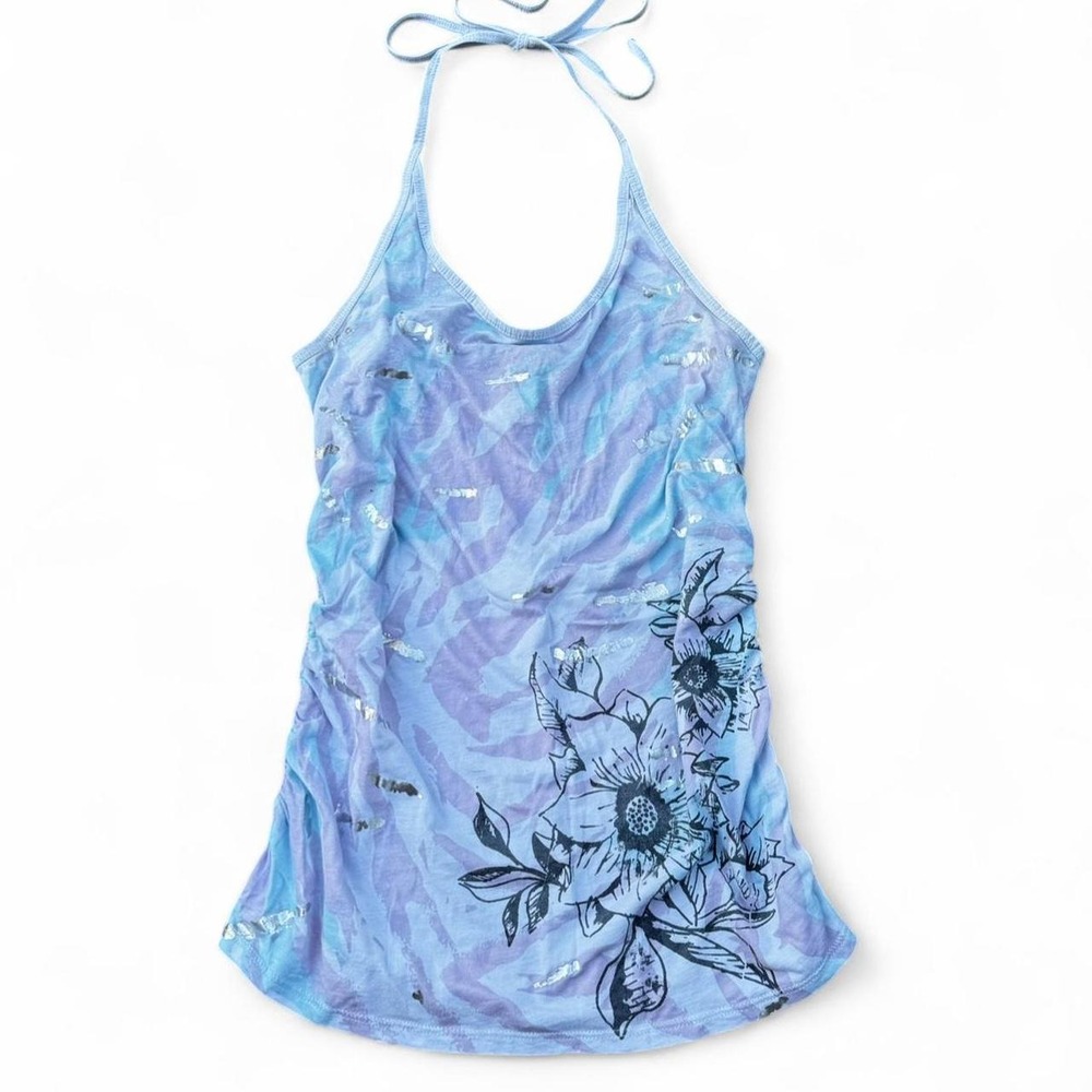 Y2K Blue Moda International Floral Zebra Halter Top Small Light Marks